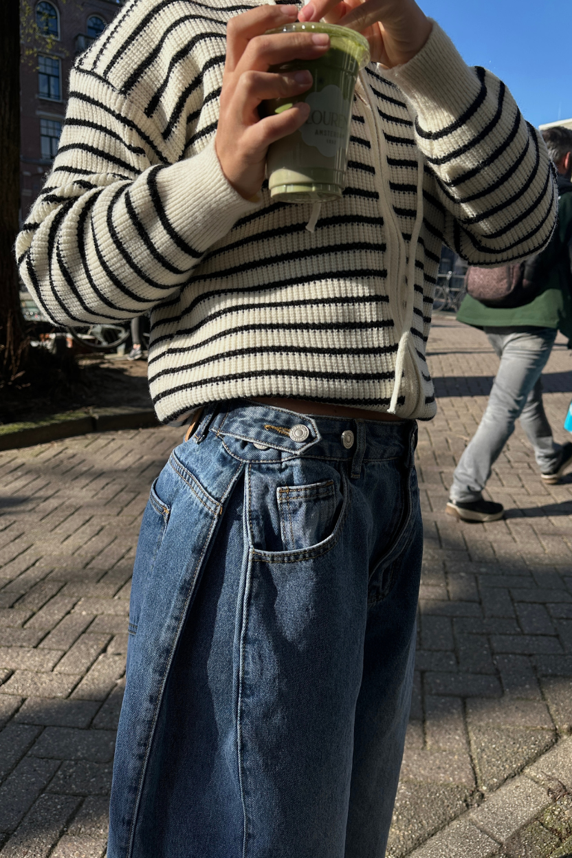 DOUBLE WAIST PLEATED WIDE LEG DENIM PANTS