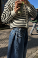 DOUBLE WAIST PLEATED WIDE LEG DENIM PANTS