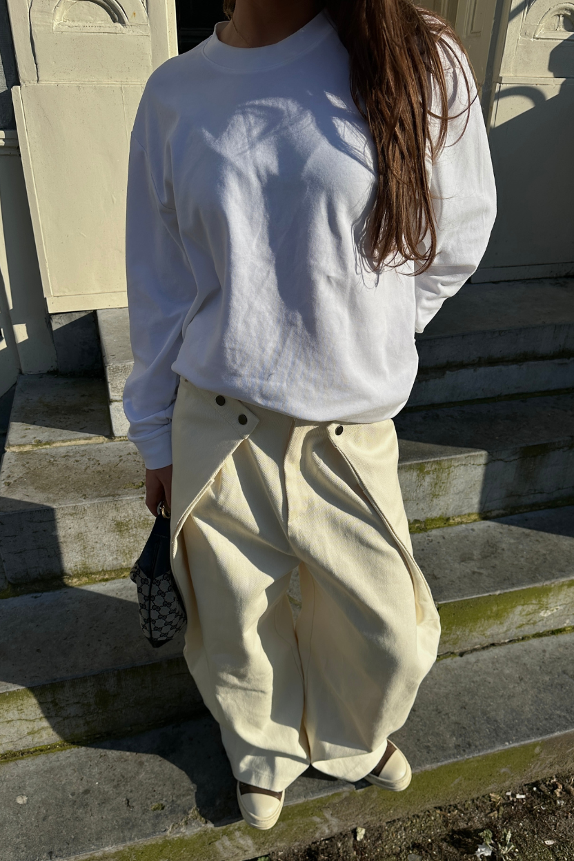 FOLD-FRONT WIDE LEG PANTS