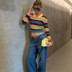 STRIPED RIBBED KNIT POLO CARDIGAN