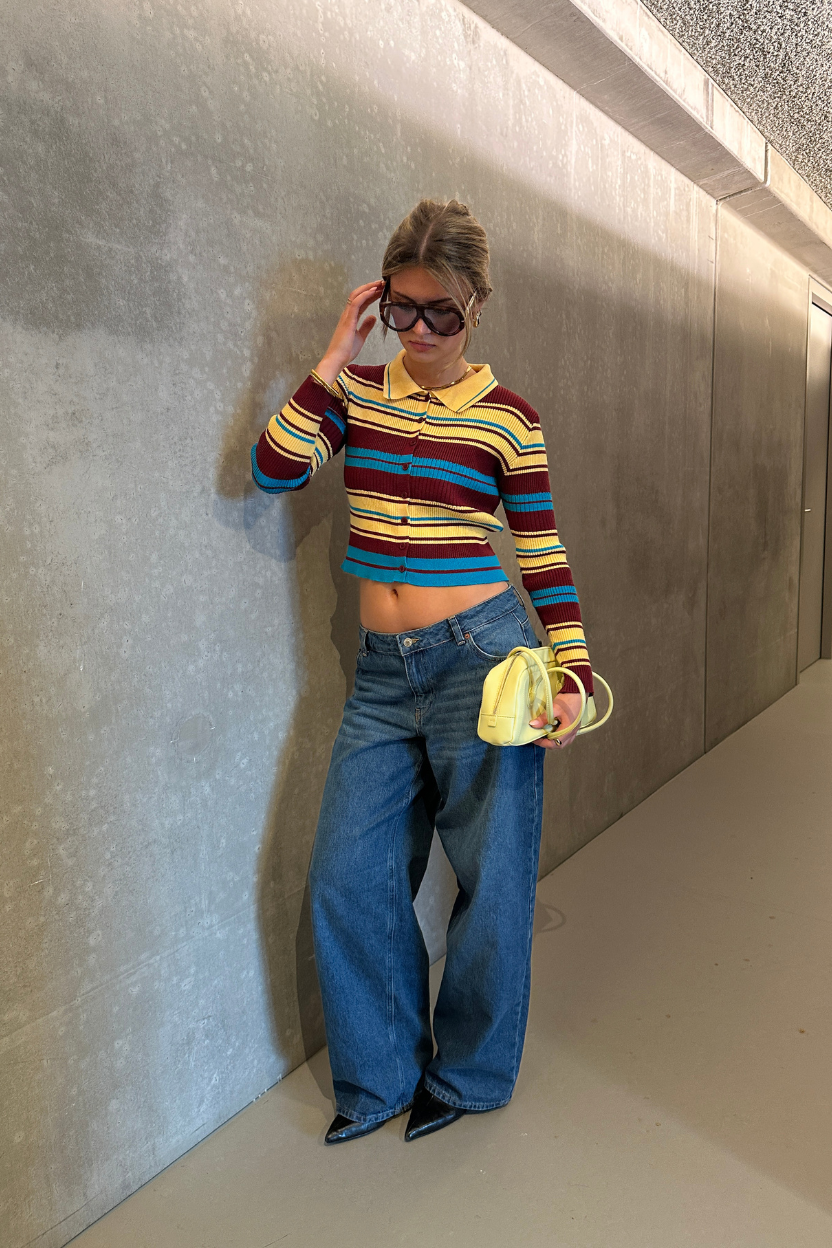 STRIPED RIBBED KNIT POLO CARDIGAN