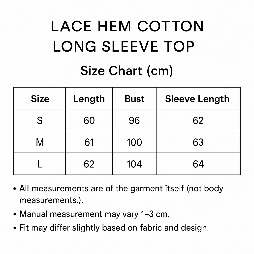 Size chart for LACE HEM COTTON LONG SLEEVE TOP