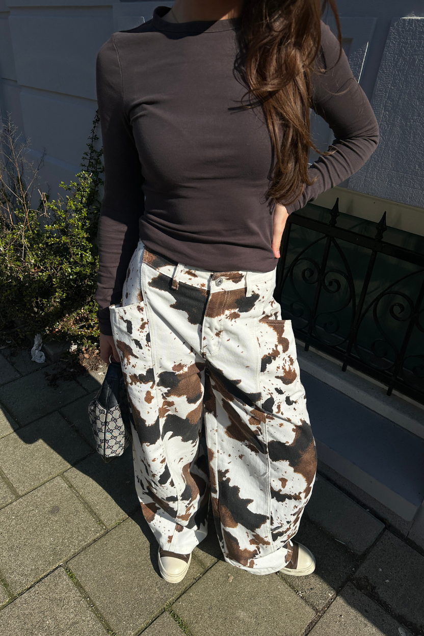 COW PRINT WIDE LEG PANTS