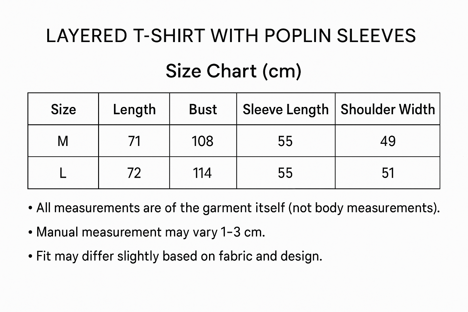 Size chart for LAYERED T-SHIRT WITH POPLIN SLEEVES