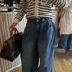 DOUBLE WAIST PLEATED WIDE LEG DENIM PANTS