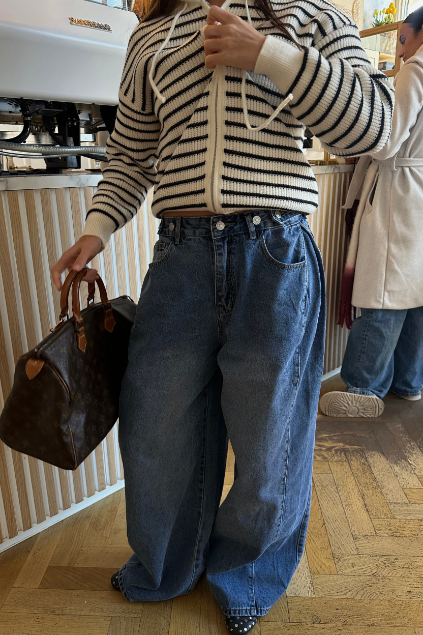 DOUBLE WAIST PLEATED WIDE LEG DENIM PANTS