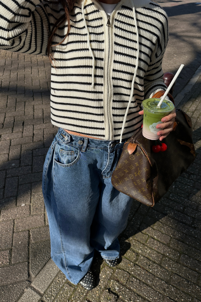DOUBLE WAIST PLEATED WIDE LEG DENIM PANTS