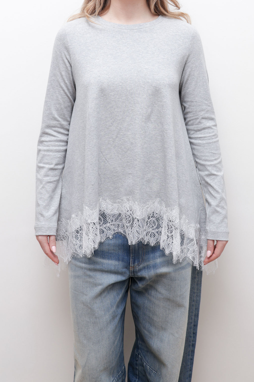 LACE HEM COTTON LONG SLEEVE TOP