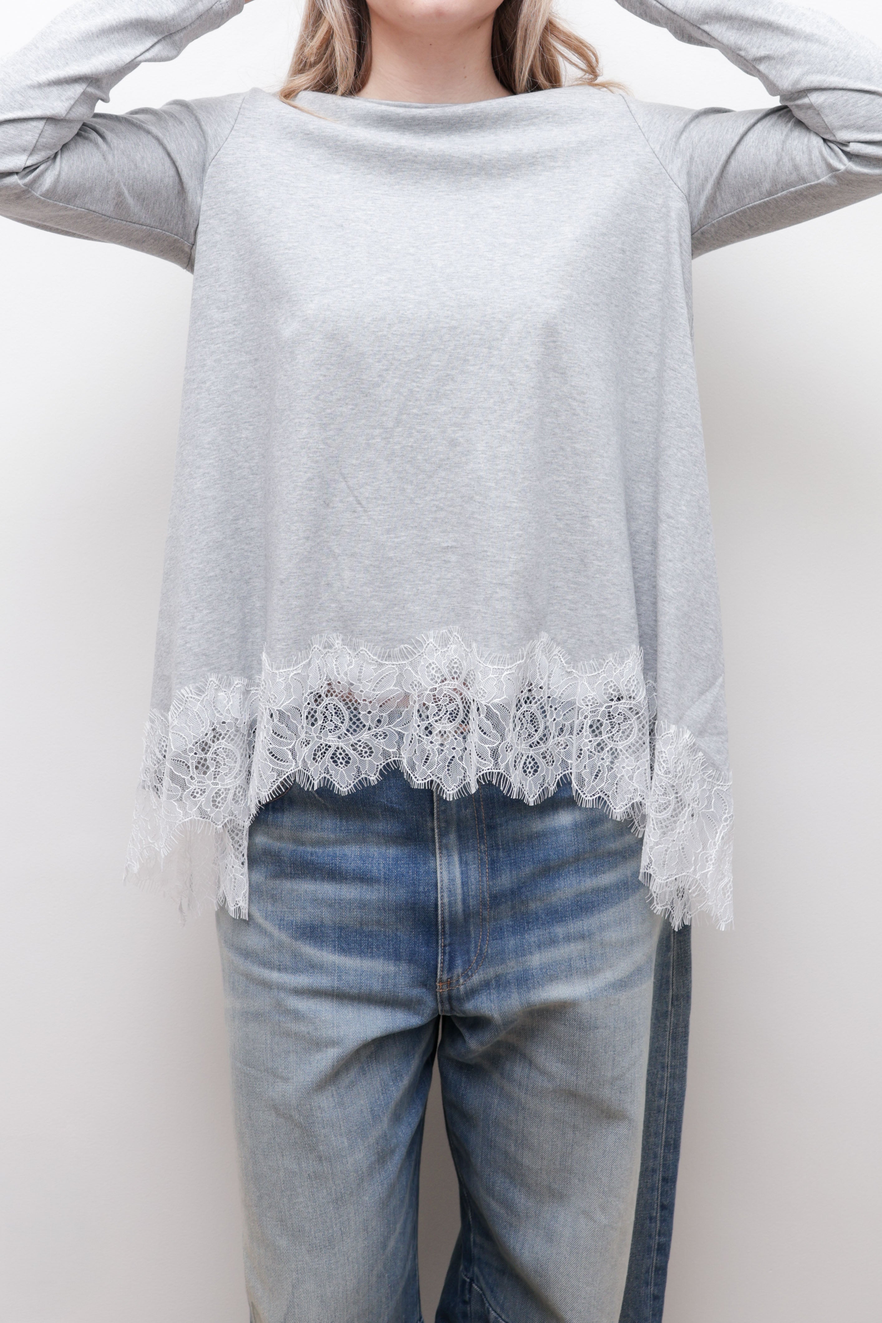 LACE HEM COTTON LONG SLEEVE TOP