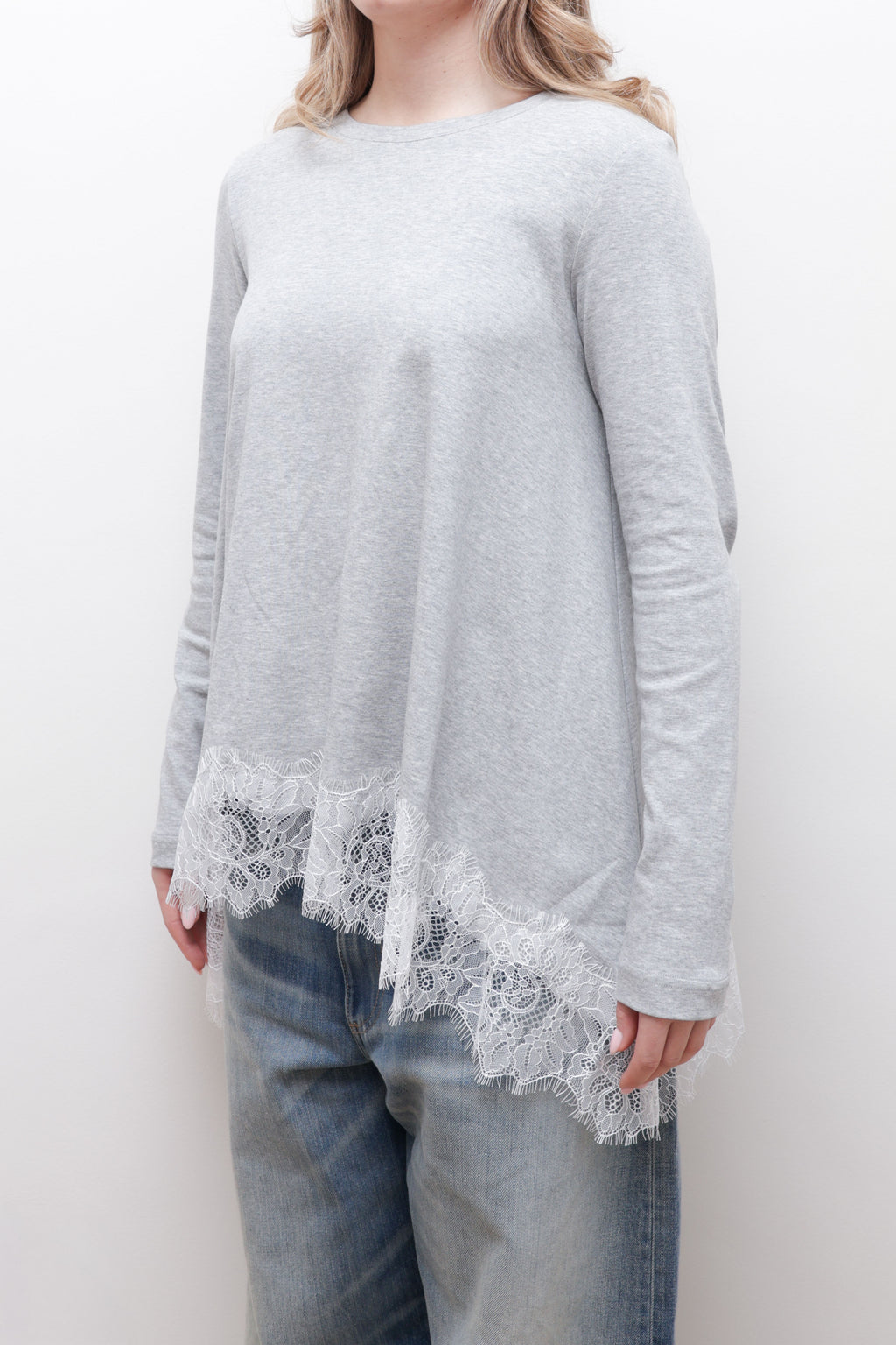 LACE HEM COTTON LONG SLEEVE TOP