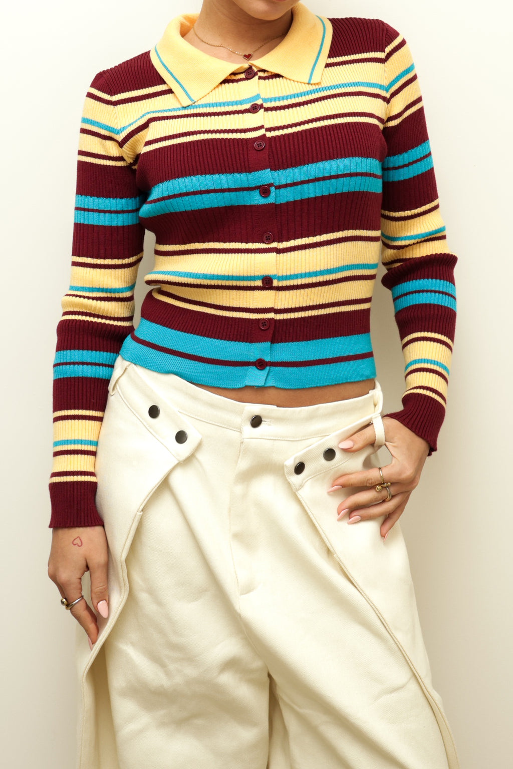 STRIPED RIBBED KNIT POLO CARDIGAN