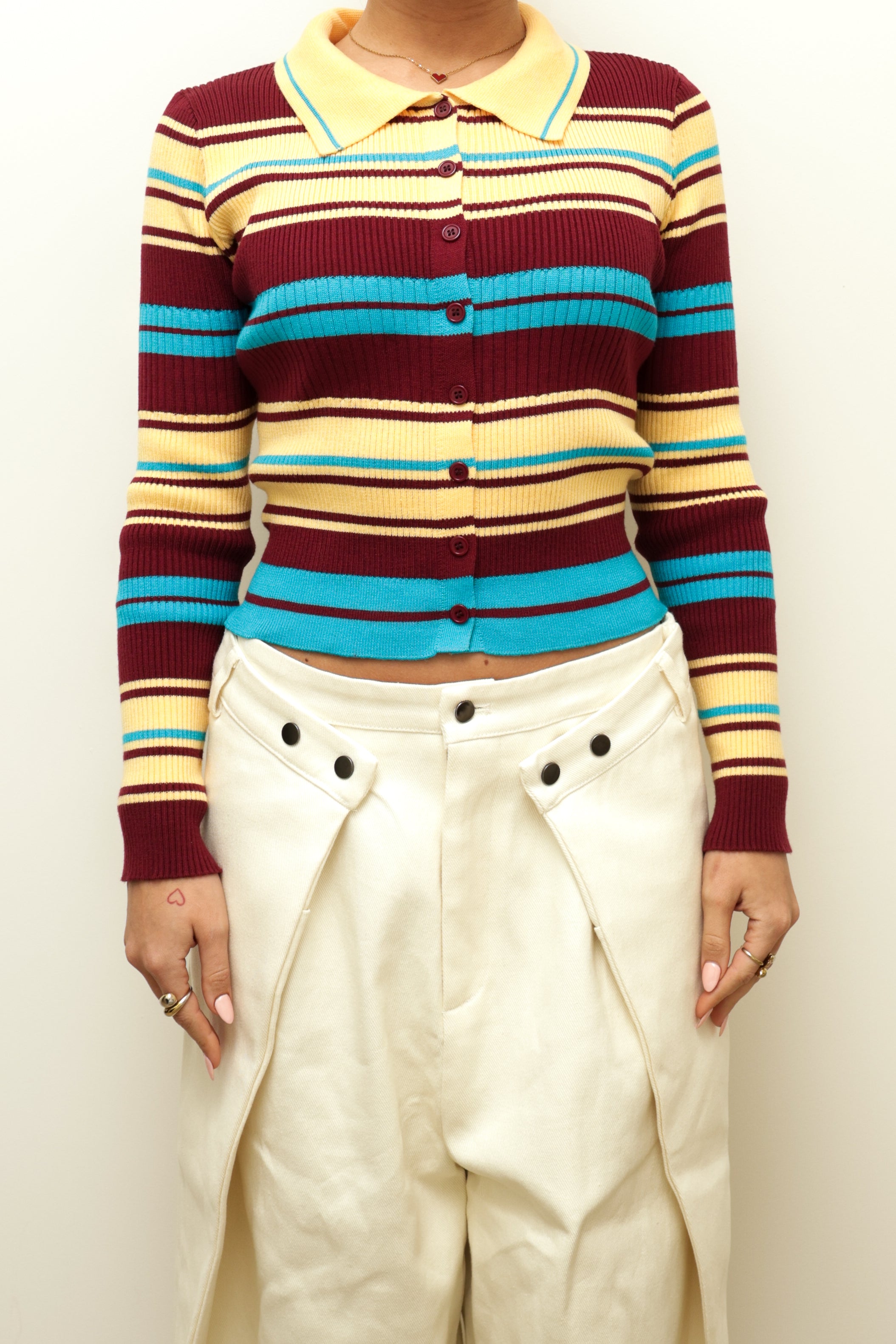 STRIPED RIBBED KNIT POLO CARDIGAN