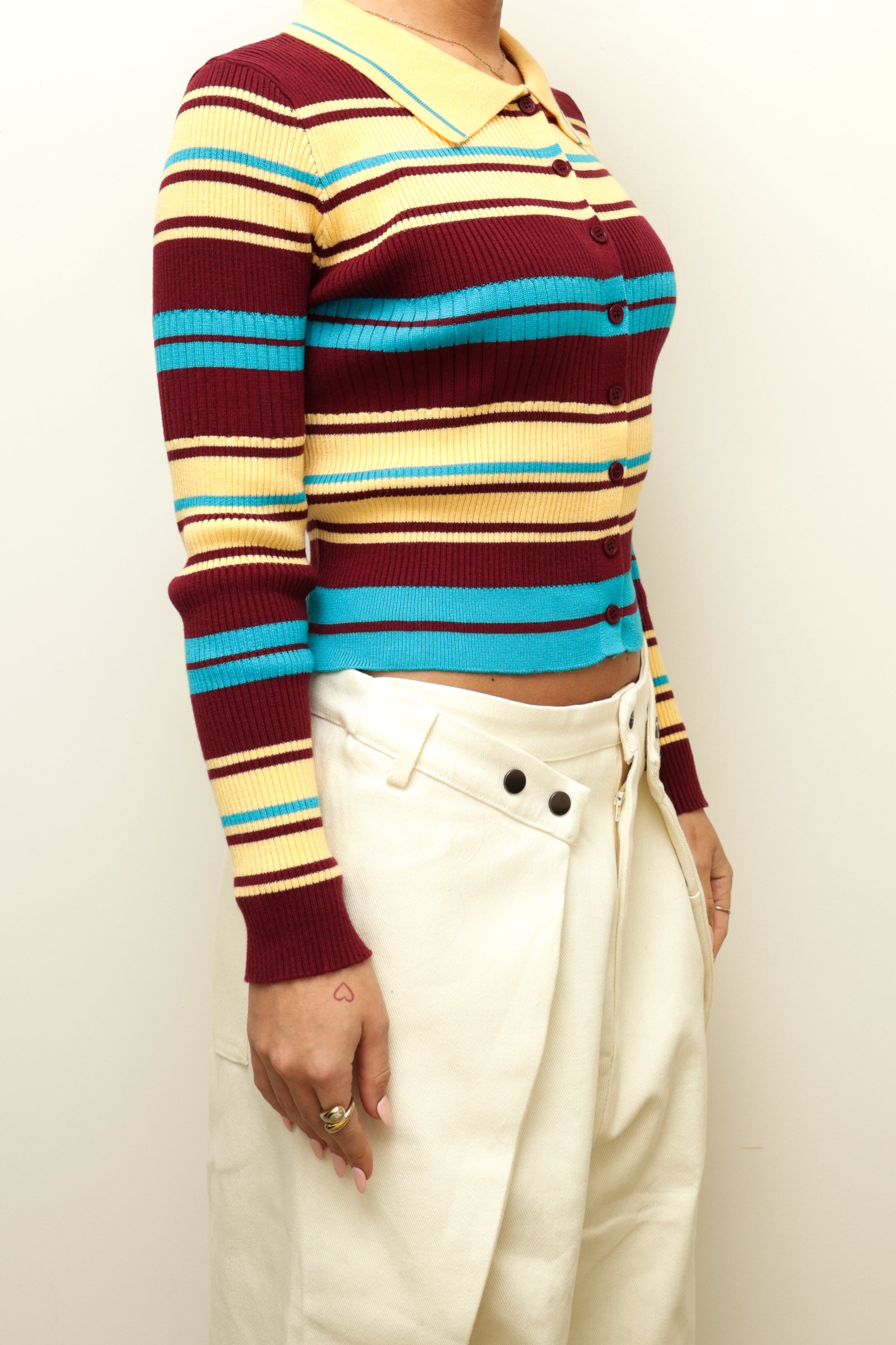 STRIPED RIBBED KNIT POLO CARDIGAN