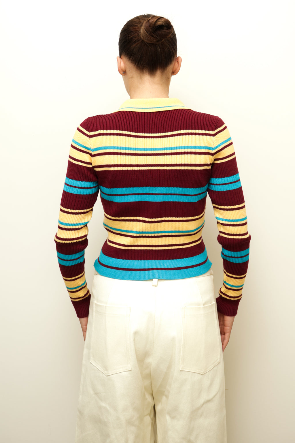 STRIPED RIBBED KNIT POLO CARDIGAN