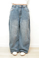 DOUBLE WAIST PLEATED WIDE LEG DENIM PANTS