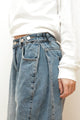 DOUBLE WAIST PLEATED WIDE LEG DENIM PANTS