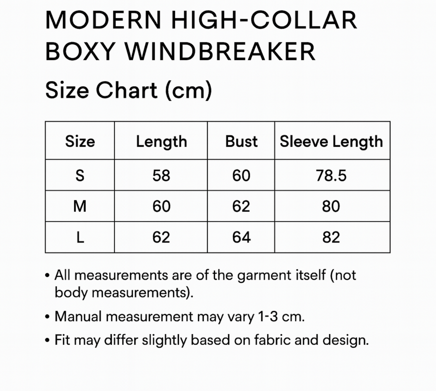 Size chart for MODERN HIGH-COLLAR BOXY WINDBREAKER