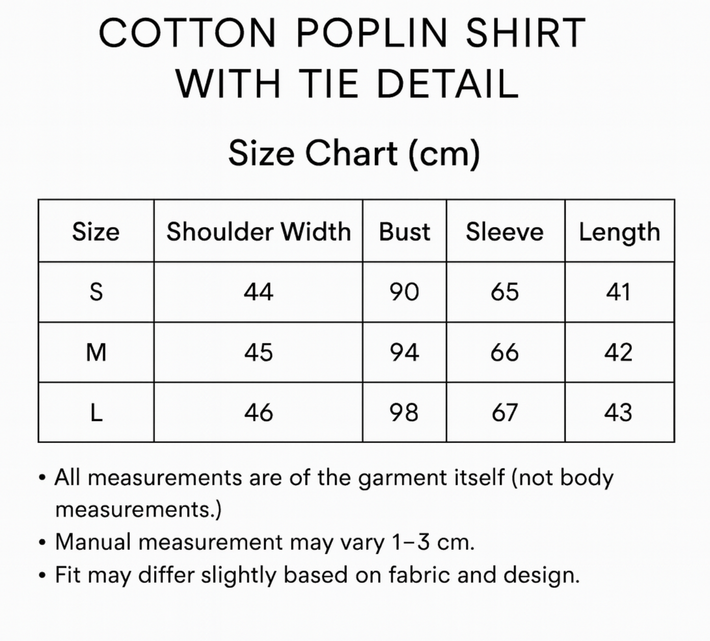 Size chart for COTTON POPLIN SHIRT WITH TIE DETAIL