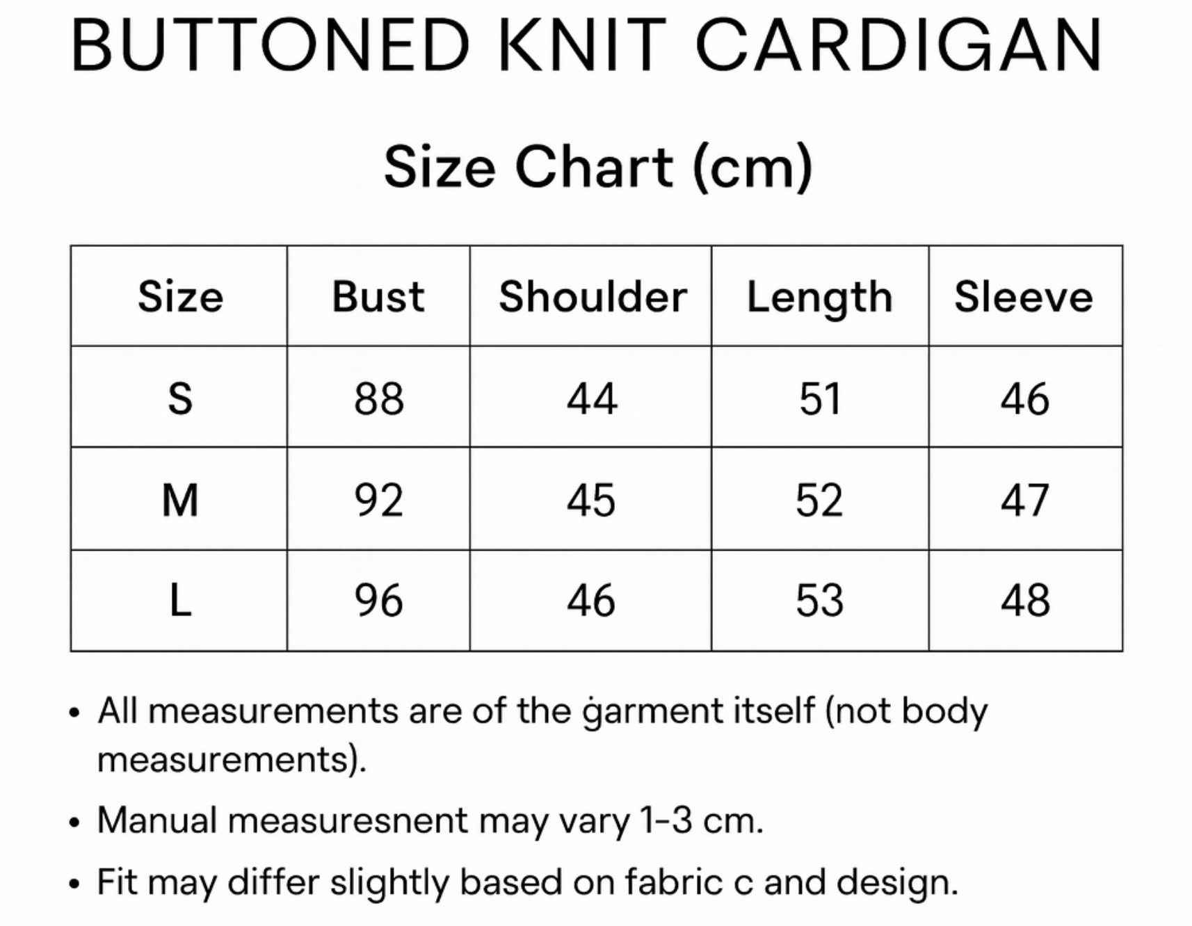 Size chart for BUTTONED KNIT CARDIGAN