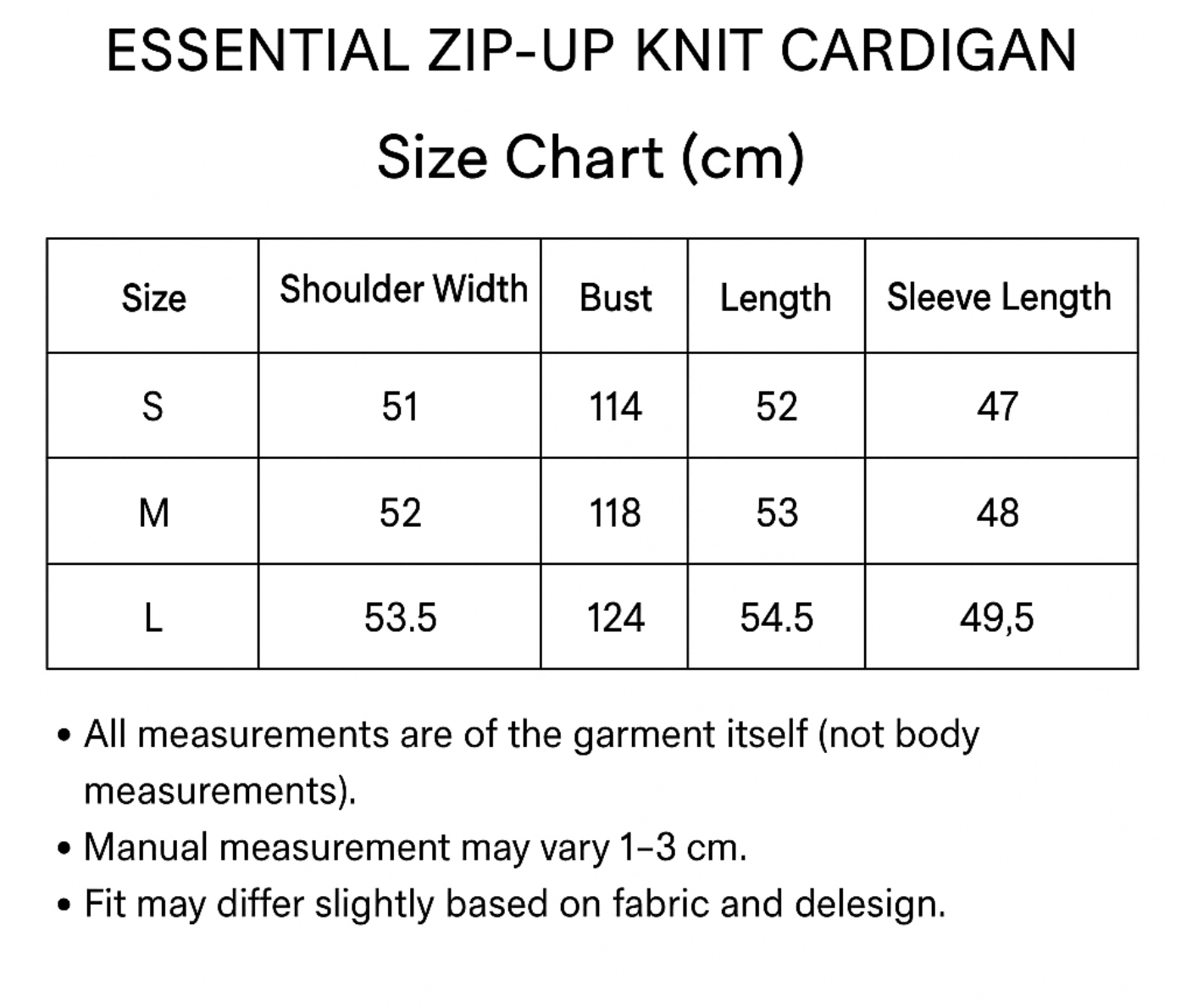 Size chart for ESSENTIAL ZIP-UP KNIT CARDIGAN