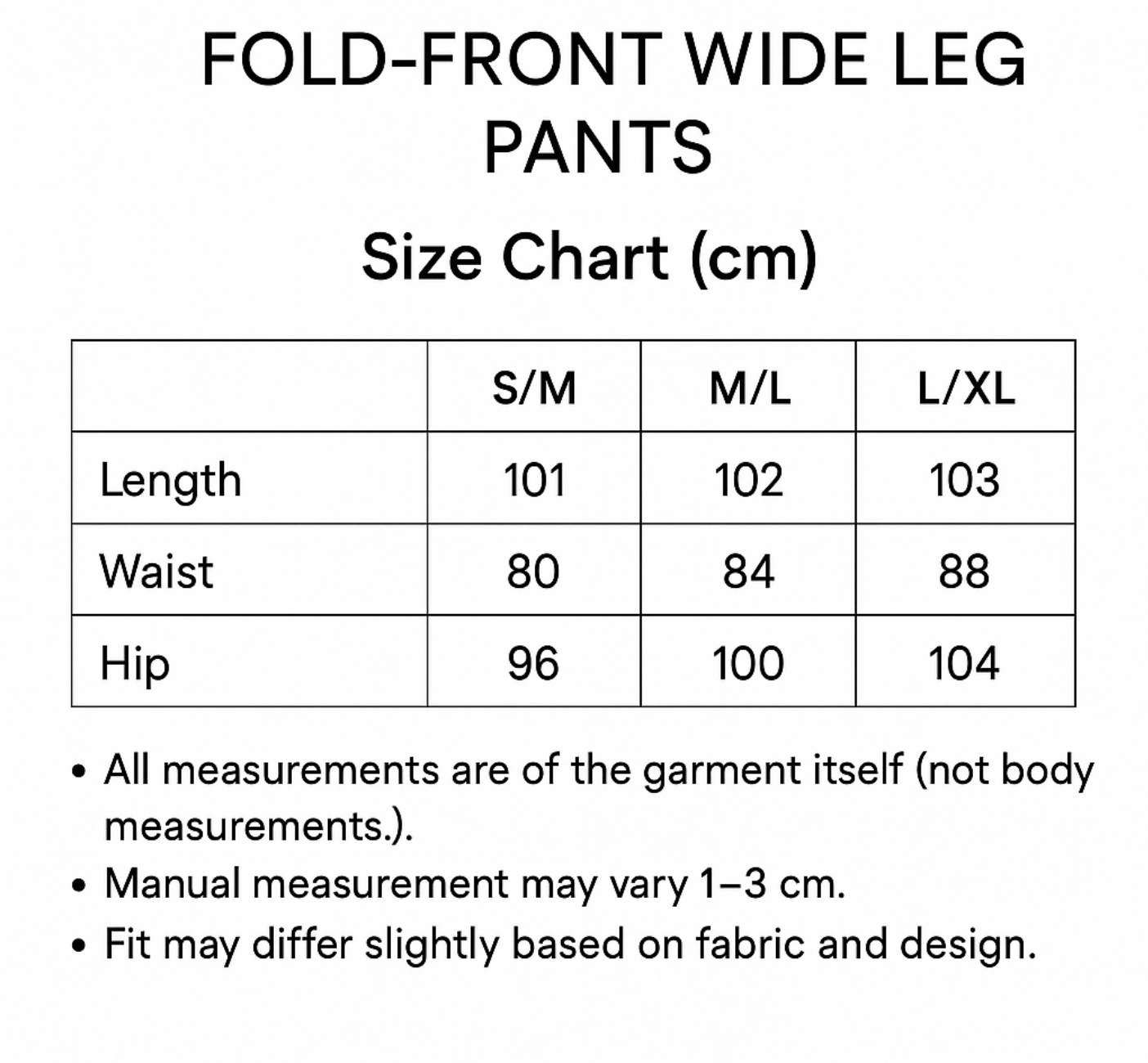 Size chart for FOLD-FRONT WIDE LEG PANTS