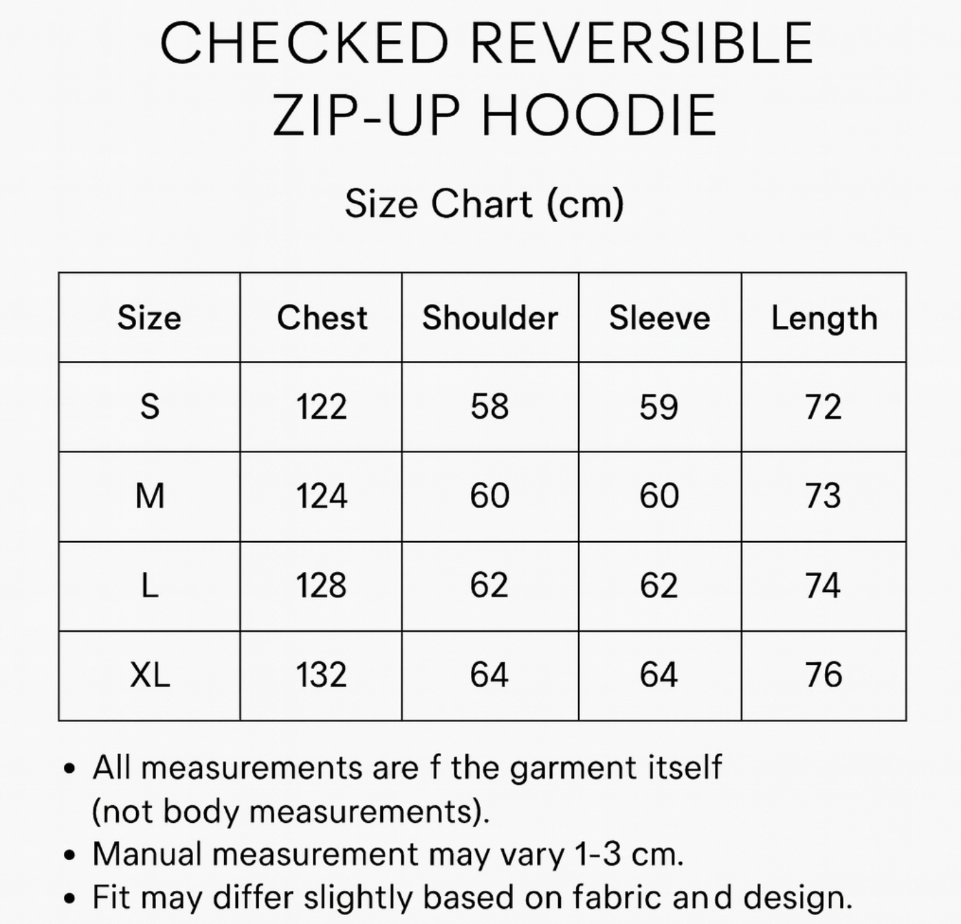 Size chart for CHECKED REVERSIBLE ZIP-UP HOODIE