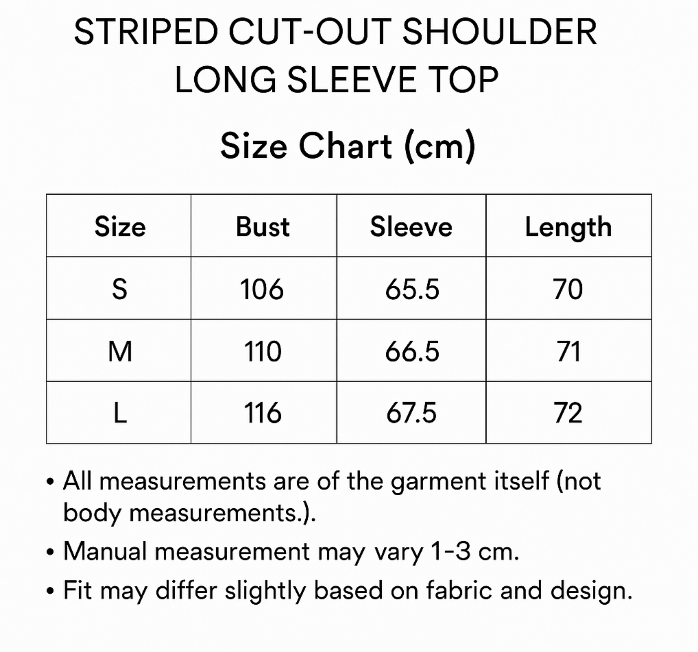 Size chart for STRIPED CUT-OUT SHOULDER LONG SLEEVE TOP