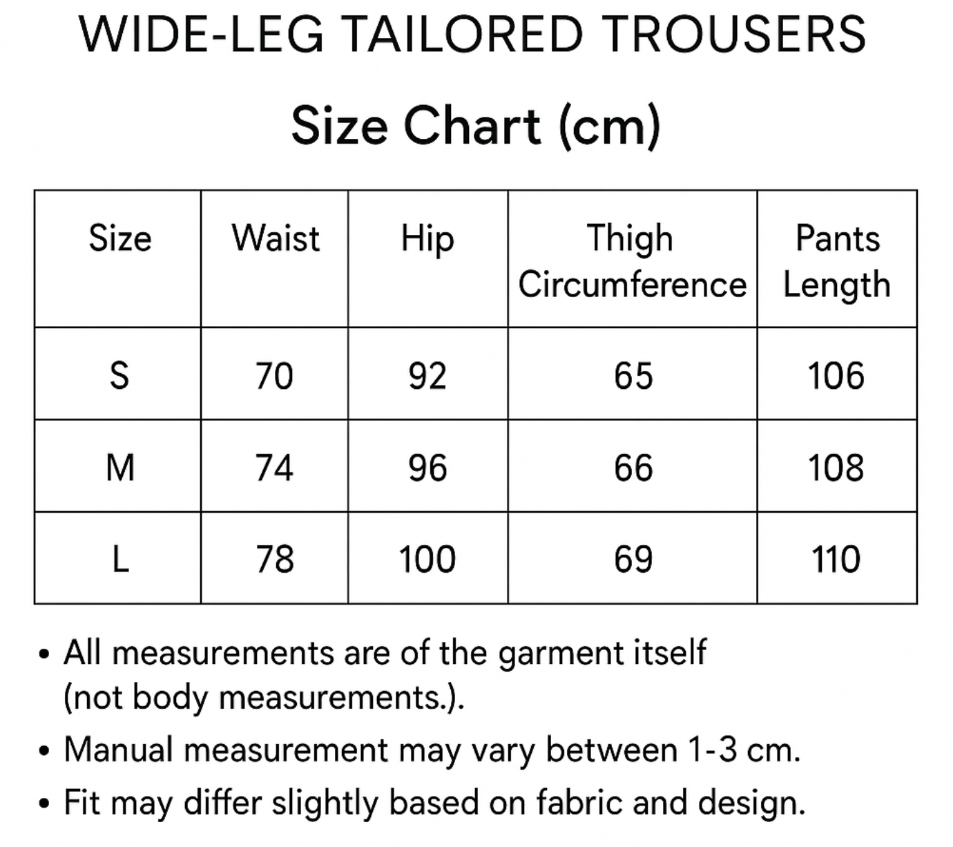 Size chart for WIDE-LEG TAILORED TROUSERS